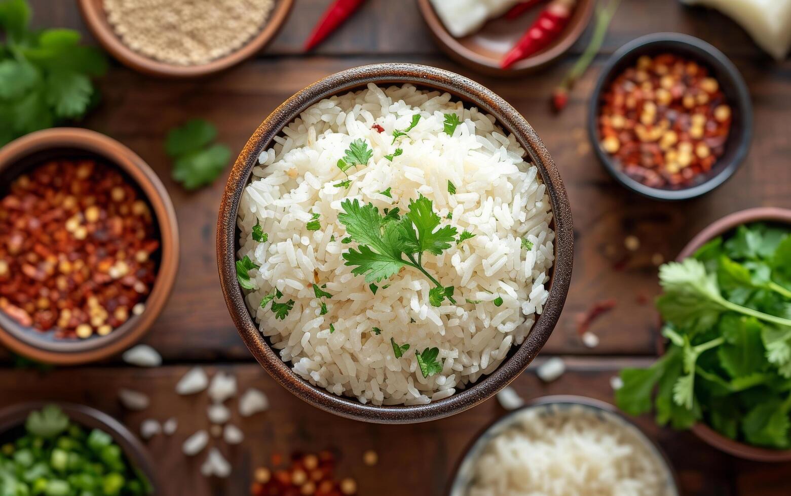 AI generated A bowl of cooked white rice surrounded by an assortment of vibrant spices and herbs photo