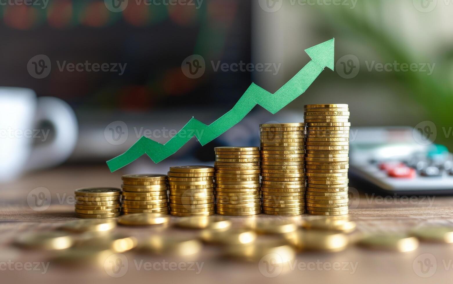 AI generated Stacks of gold coins with a green upward arrow overlay, symbolizing positive financial progress photo