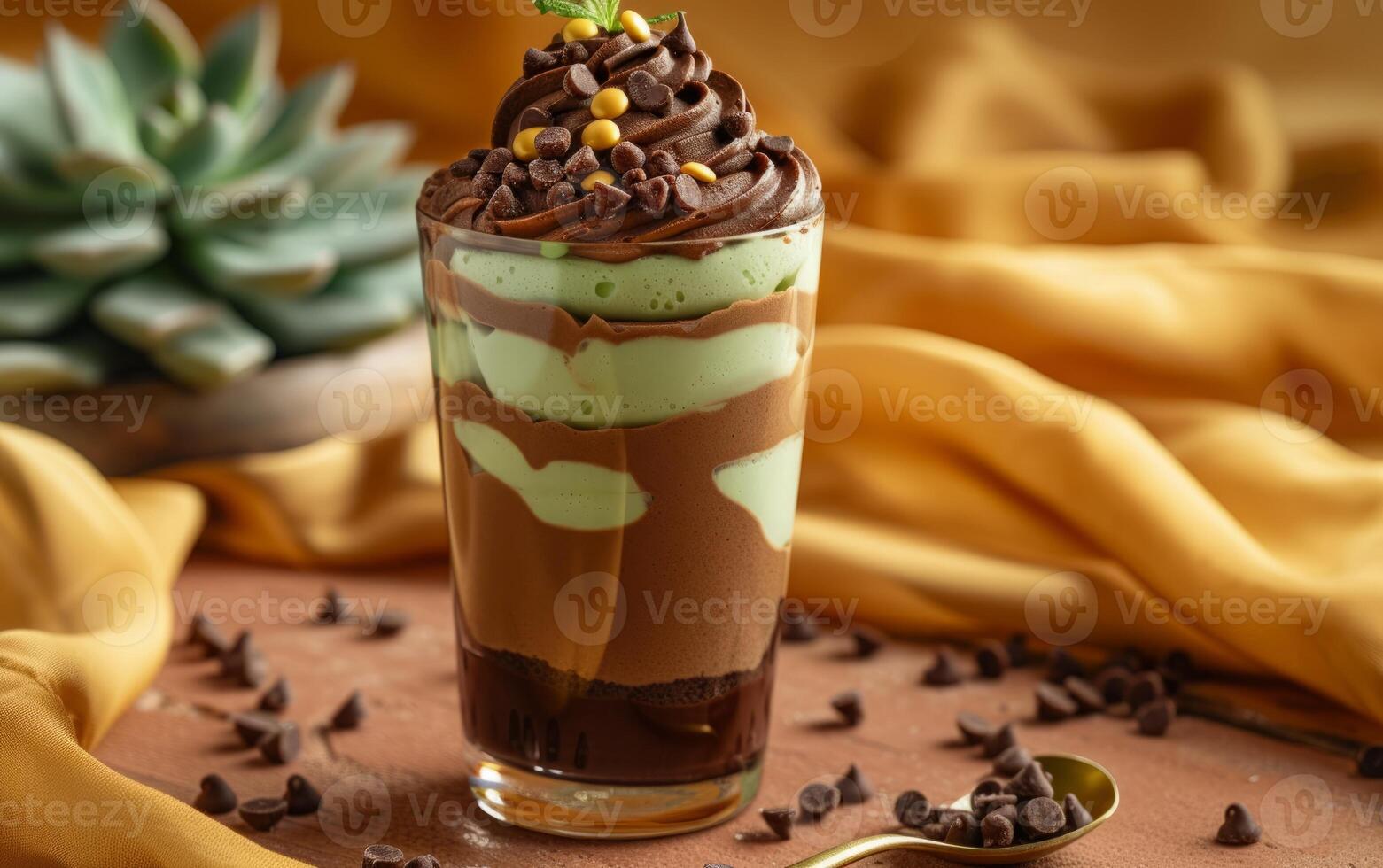 AI generated A tall glass showcases layers of rich chocolate and mint cream topped with chocolate shavings photo