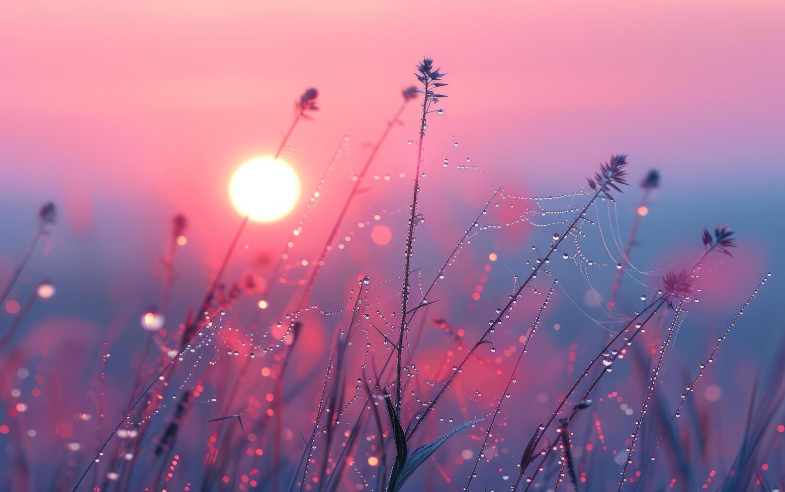 AI generated A delicate spider web, adorned with morning dew, captures the first light of dawn photo