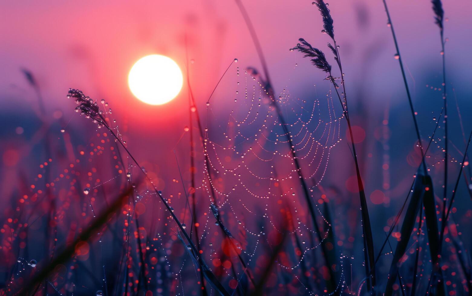 AI generated A delicate spider web, adorned with morning dew, captures the first light of dawn photo