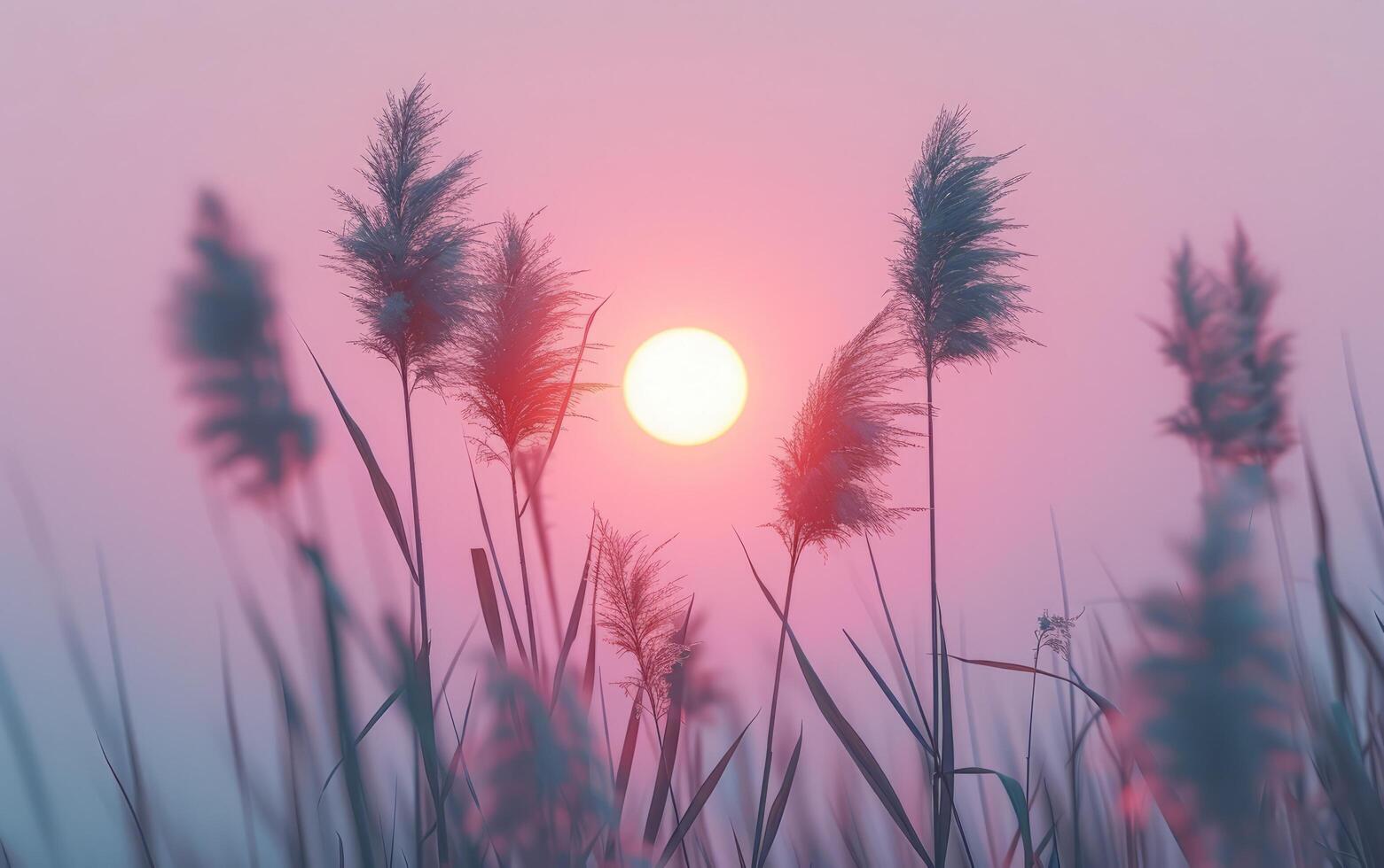 ai generado un sereno puesta de sol bañado en pastel matices formas el Perfecto fondo para el delicado danza de cañas balanceo en un amable brisa foto