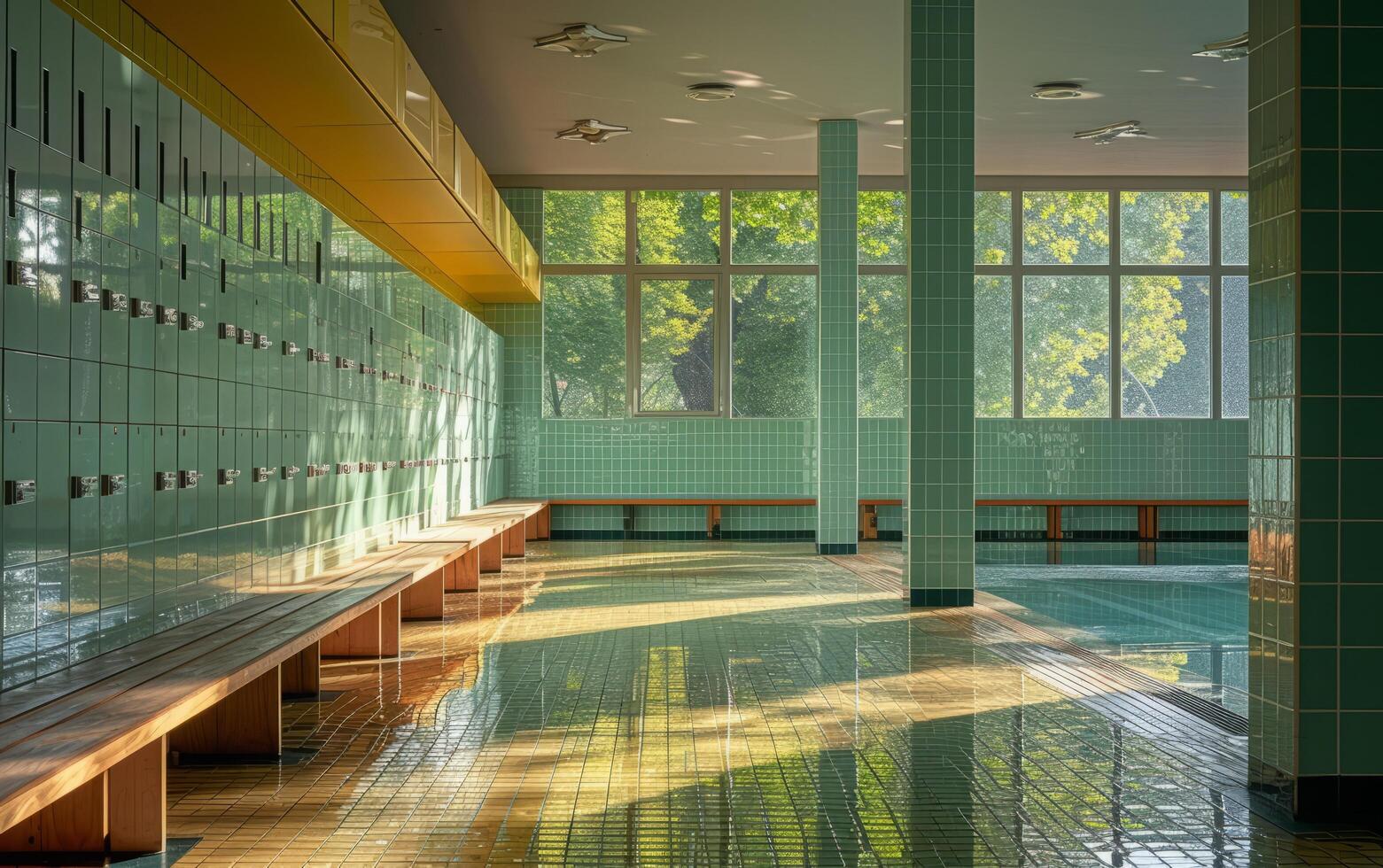 AI generated Morning sunlight streams through large windows onto glossy green lockers and polished benches photo