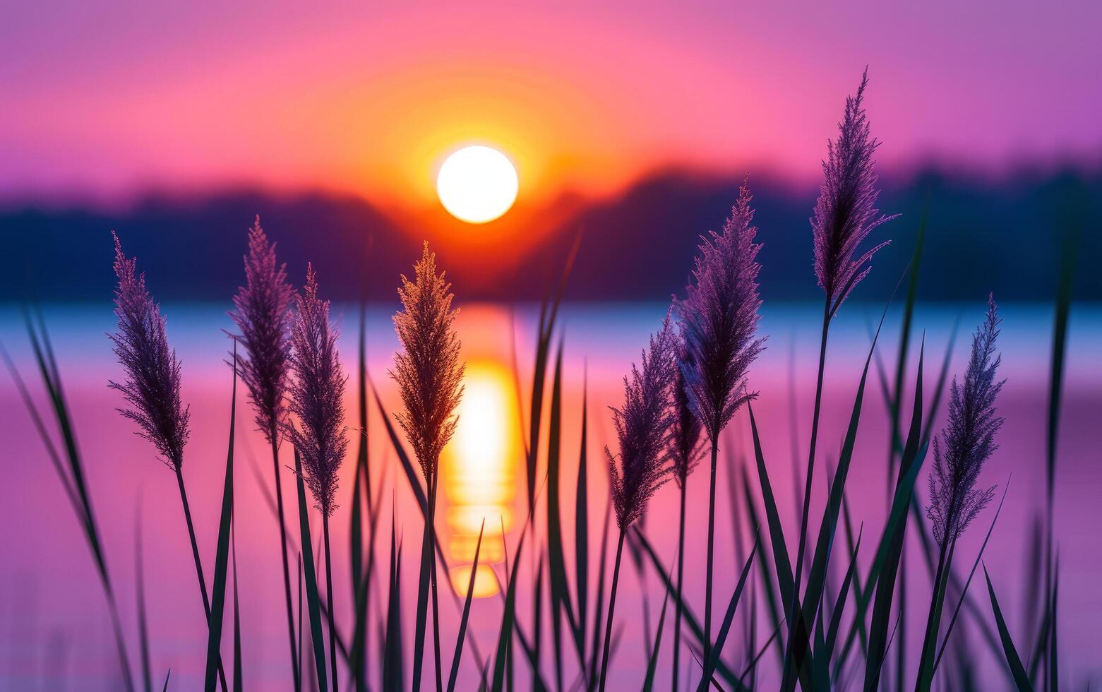 AI generated The fiery orb of the setting sun glows intensely behind silhouetted cattails at the water edge photo