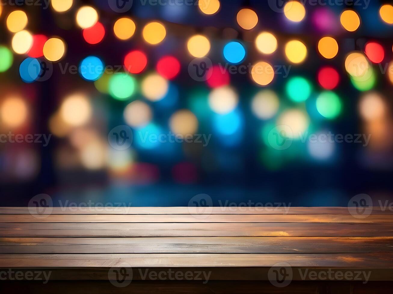 Table and colorfull bokeh lights background photo