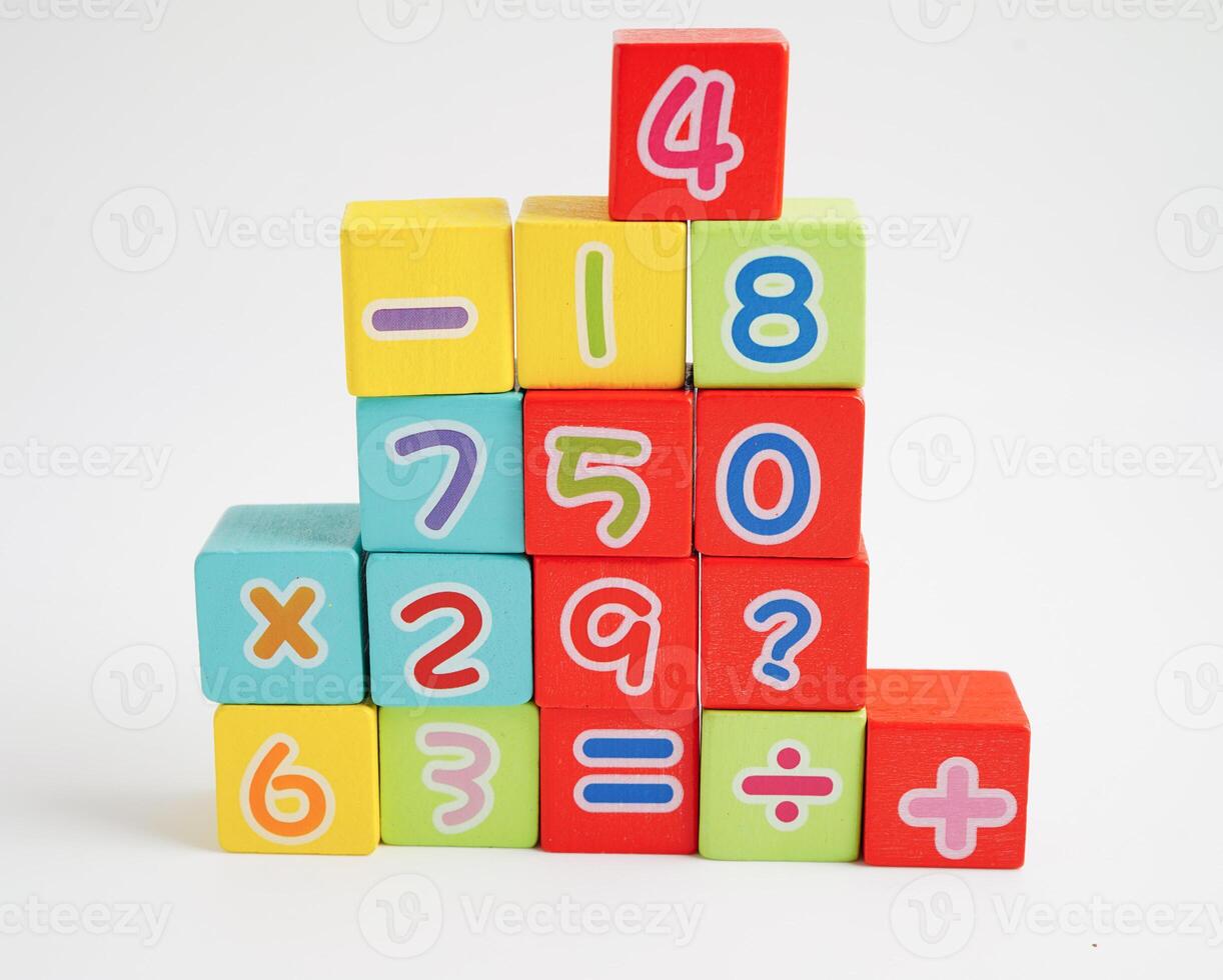 Number wood block cubes for learning Mathematic, education math concept. photo