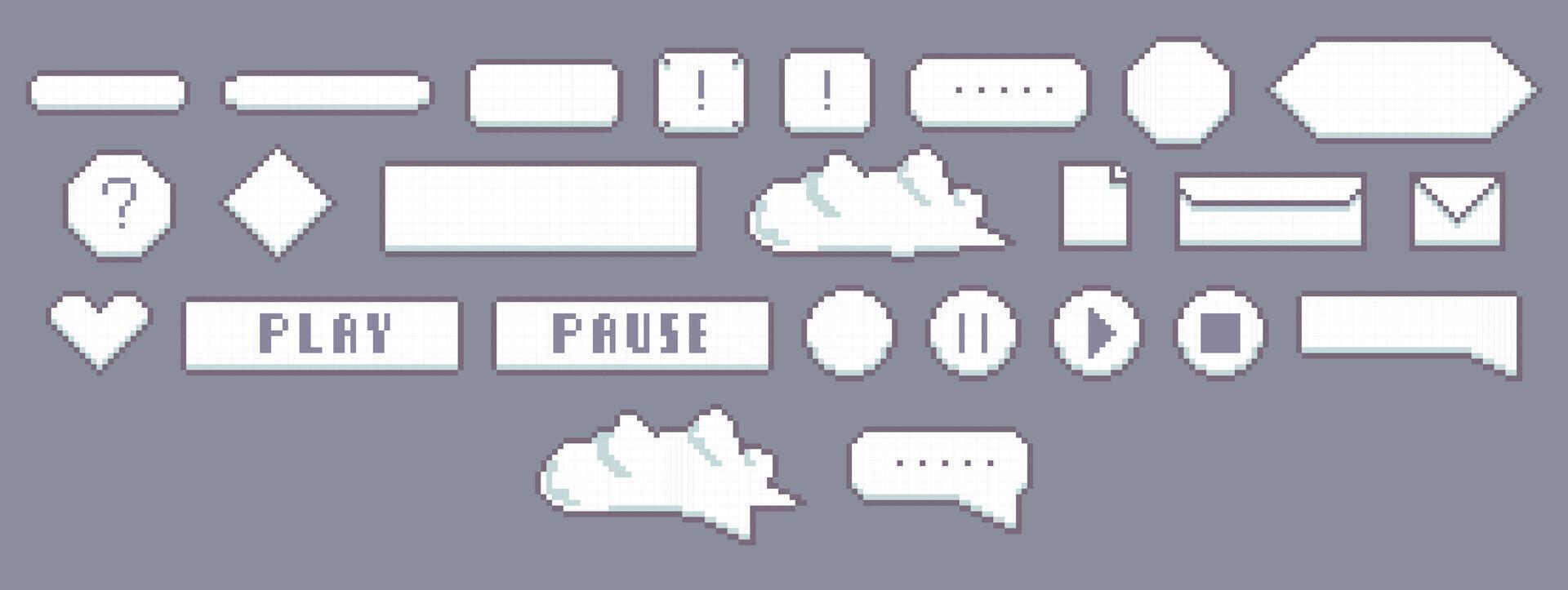 Pixel Art Speech Boxes, Dialogue Boxes Assets for retro Games, speech bubbles messages and quote frames vector set, White and grey set