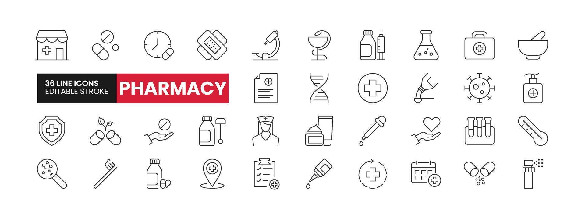 Set of 36 Pharmacy line icons set. Pharmacy outline icons with editable stroke collection. Includes Pharmacy, Medicine, First Aid, Virus, Healing, and More. vector