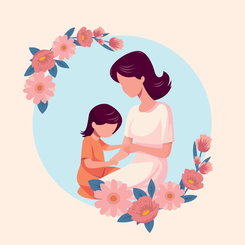 mother and daughter with flower frame flat illustration vector