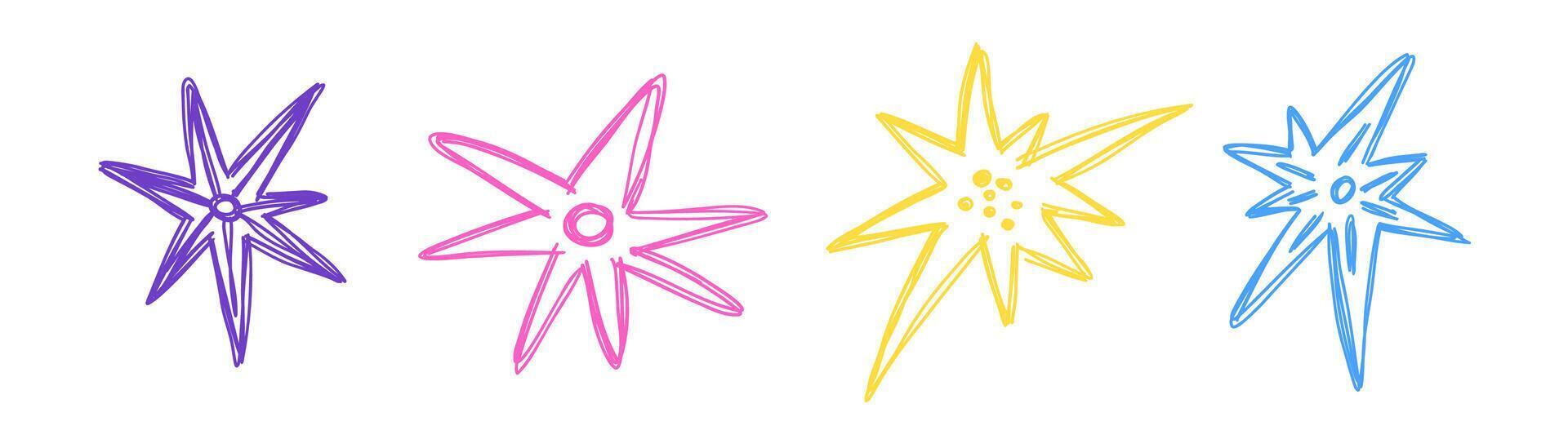 Set of doodle stars with texture drawn by hand. Vector simple illustration.