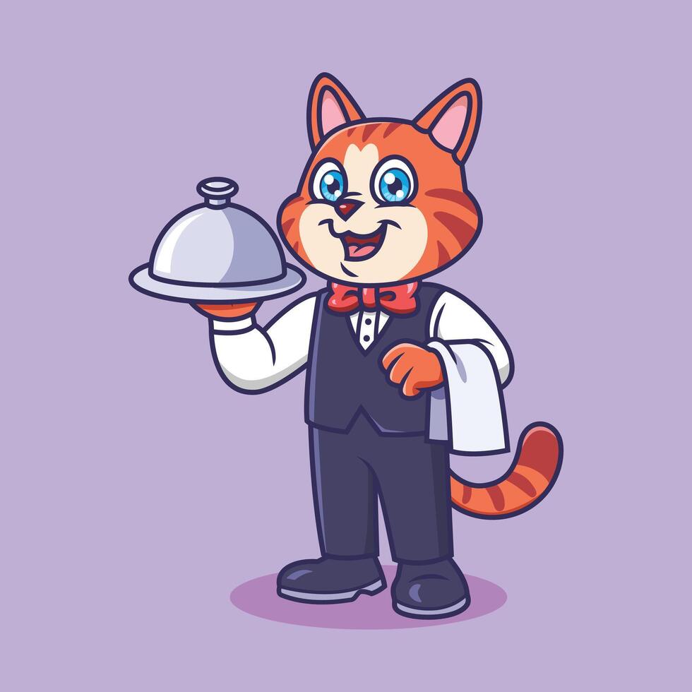 Cute Cat as Waiter Animal Cartoon Illustration vector