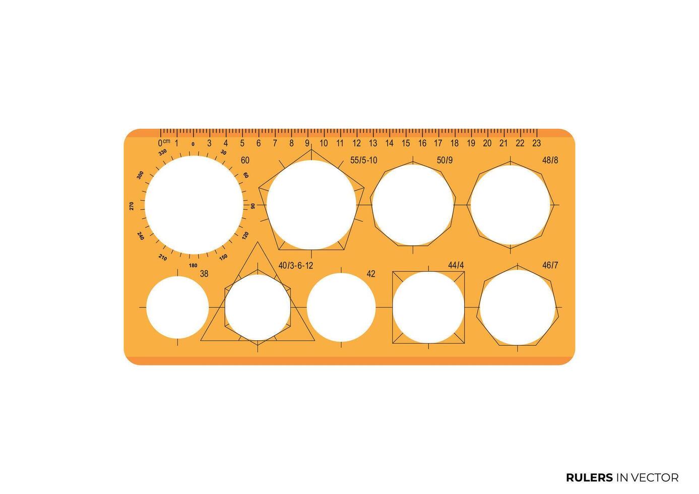 naranja técnico regla para circulo y triángulo rectángulo pentágono hexágono septágono y octágono vector