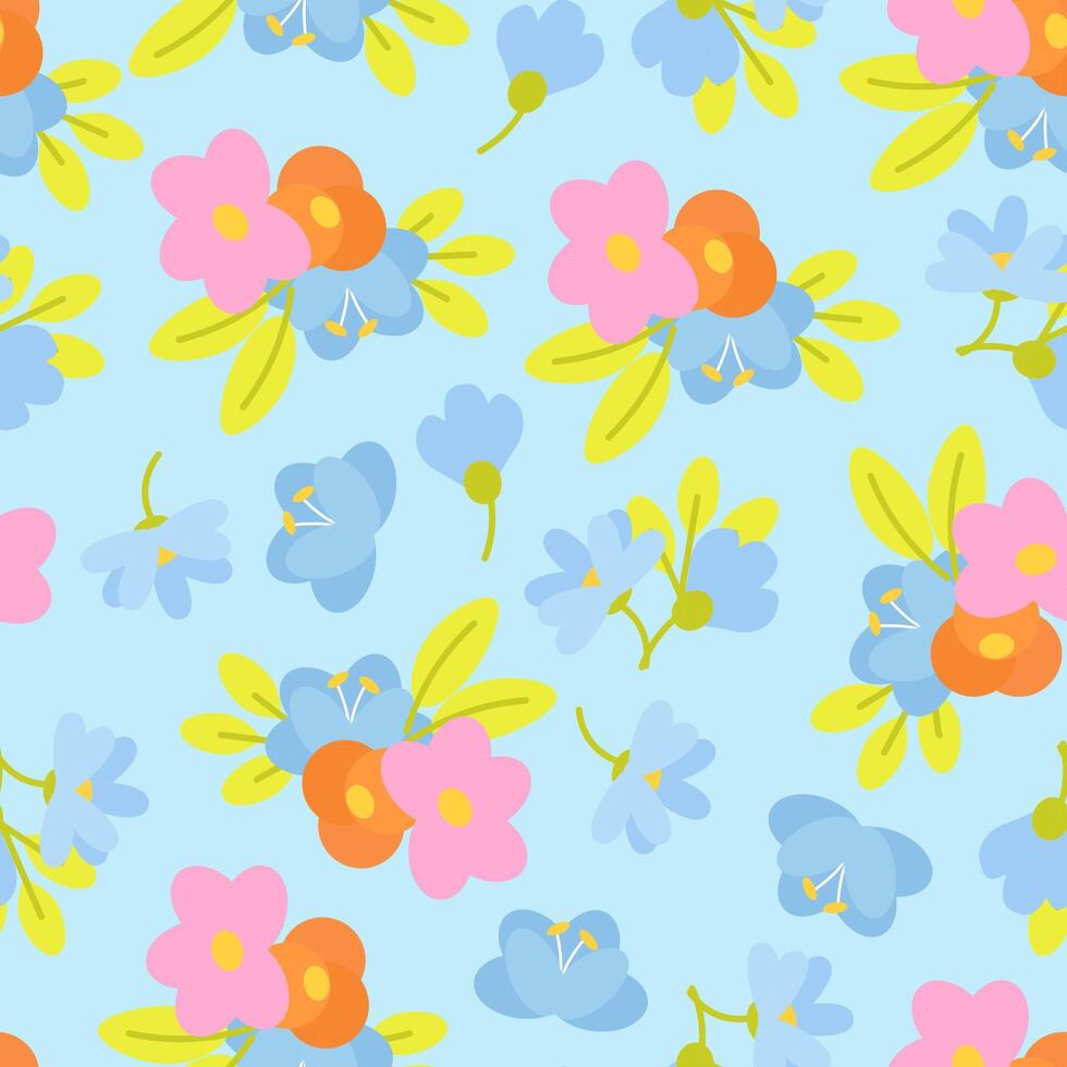 Spring seamless pattern of colorful flowers on a blue background vector