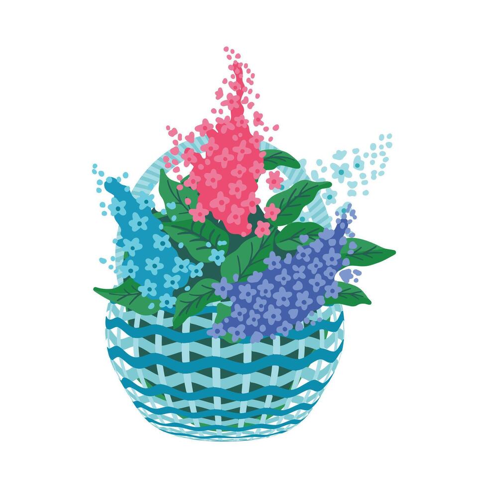 Vector large wicker basket with wildflowers