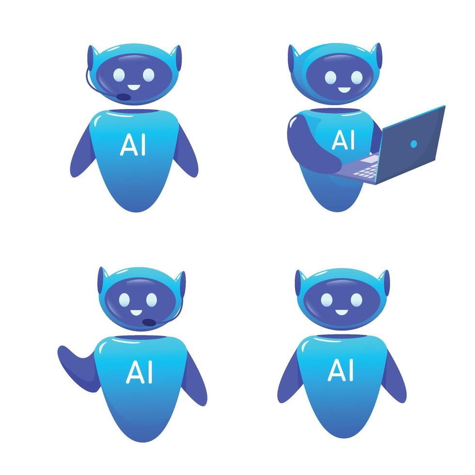 Cute set of vector levitating AI robot in flat cartoon style. chatbot characters vector illustration. Robot with laptop