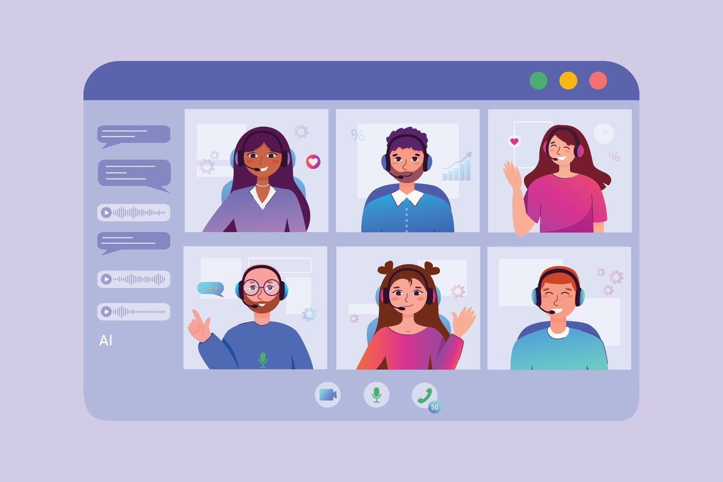 Video conference. Cartoon group of colleagues in virtual team chat work online call center online in flat vector style