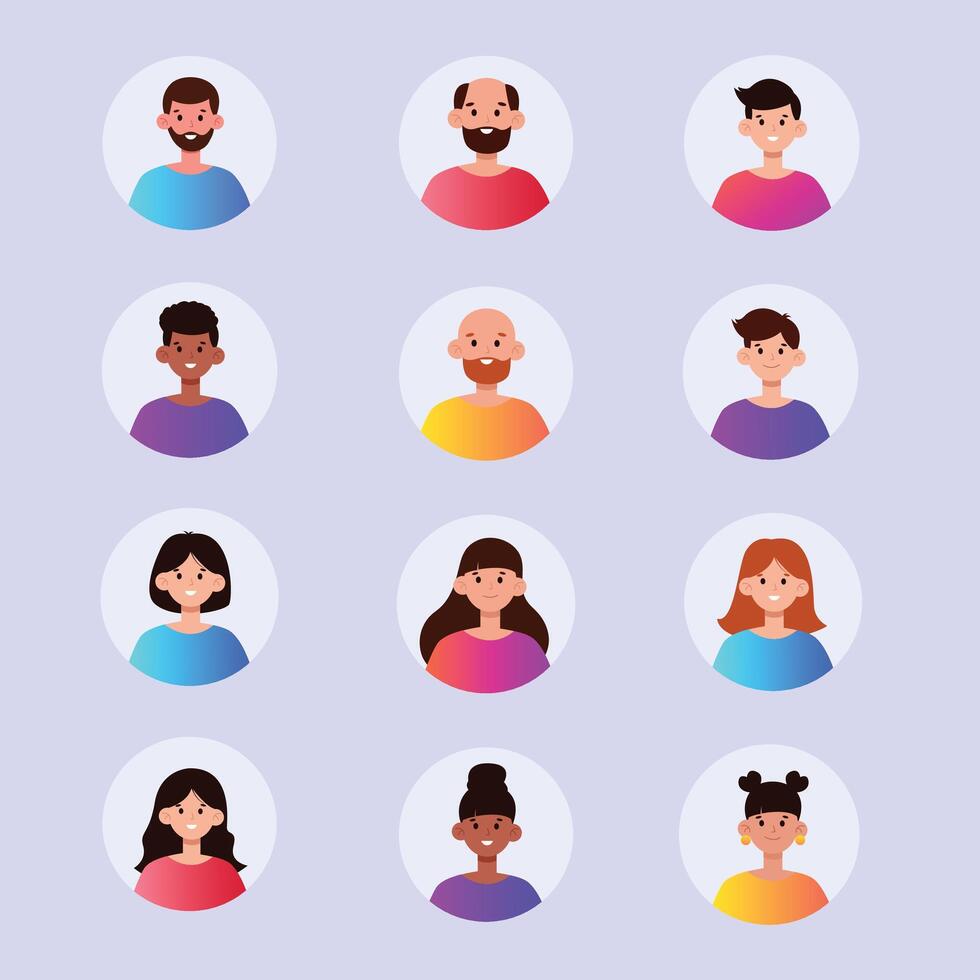 personas avatares, masculino y hembra personaje caras para social medios de comunicación perfil, usuario avatar en plano diseño vector