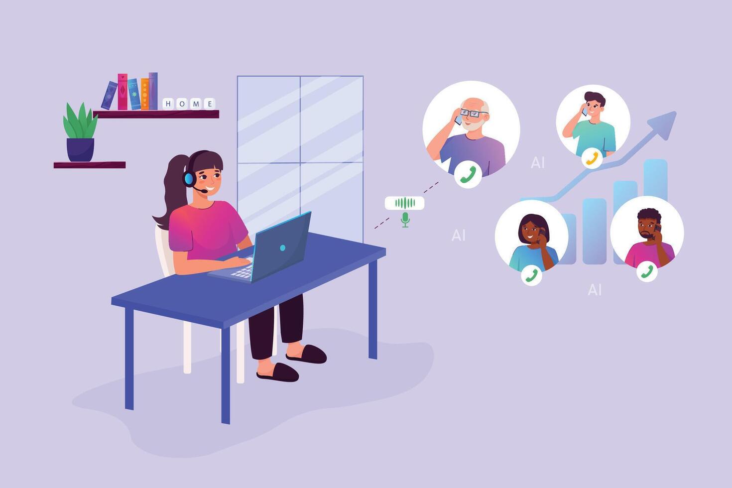 Home work concept. A girl wearing headphones sits at a table and works as an operator, communicates, answers calls in a call center. vector