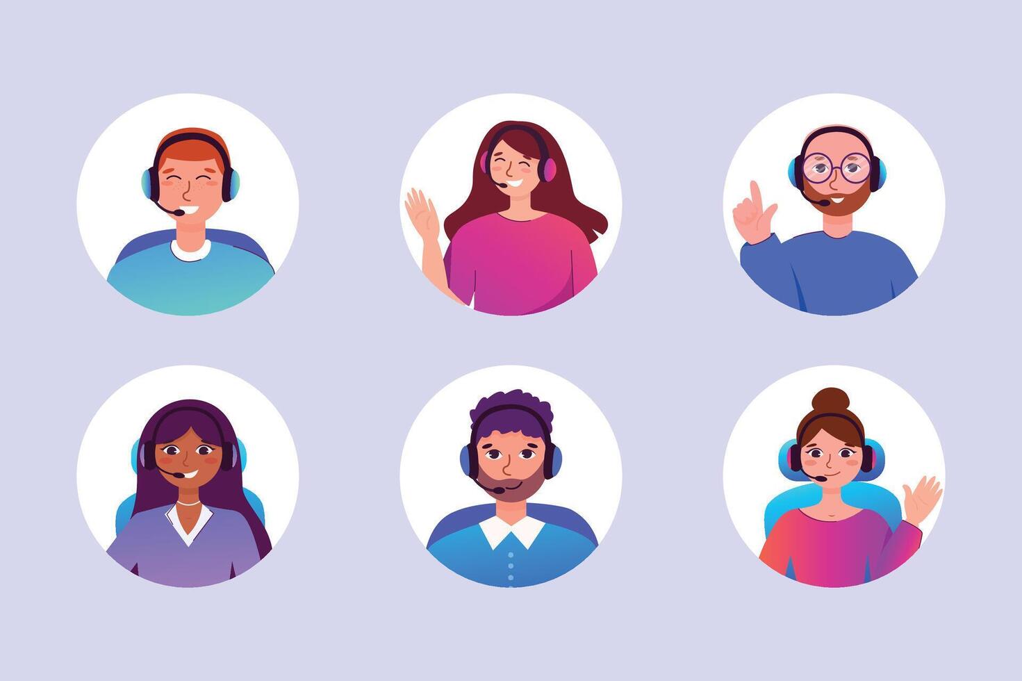 llamada centrar operador avatar icono. personas con auriculares, cliente servicio, asistente, apoyo, llamada centro. llamada centrar operador avatar icono. sonriente oficina trabajadores con auriculares dibujos animados caracteres. vector