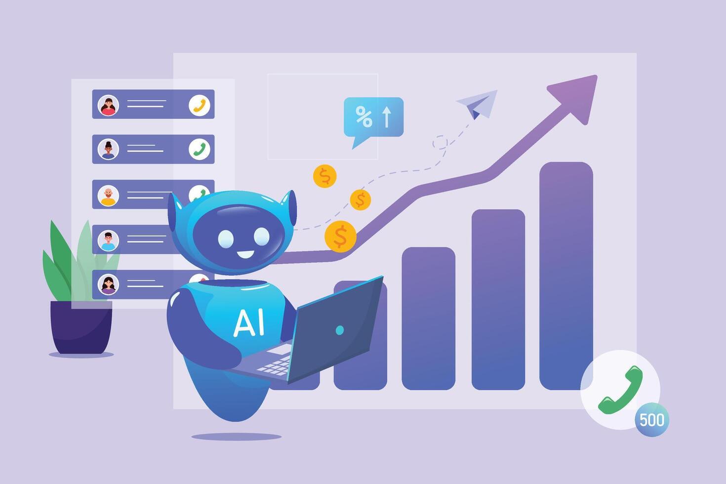A cartoon robotic AI with a laptop analyzes the company's sales. business increase in sales, profits vector