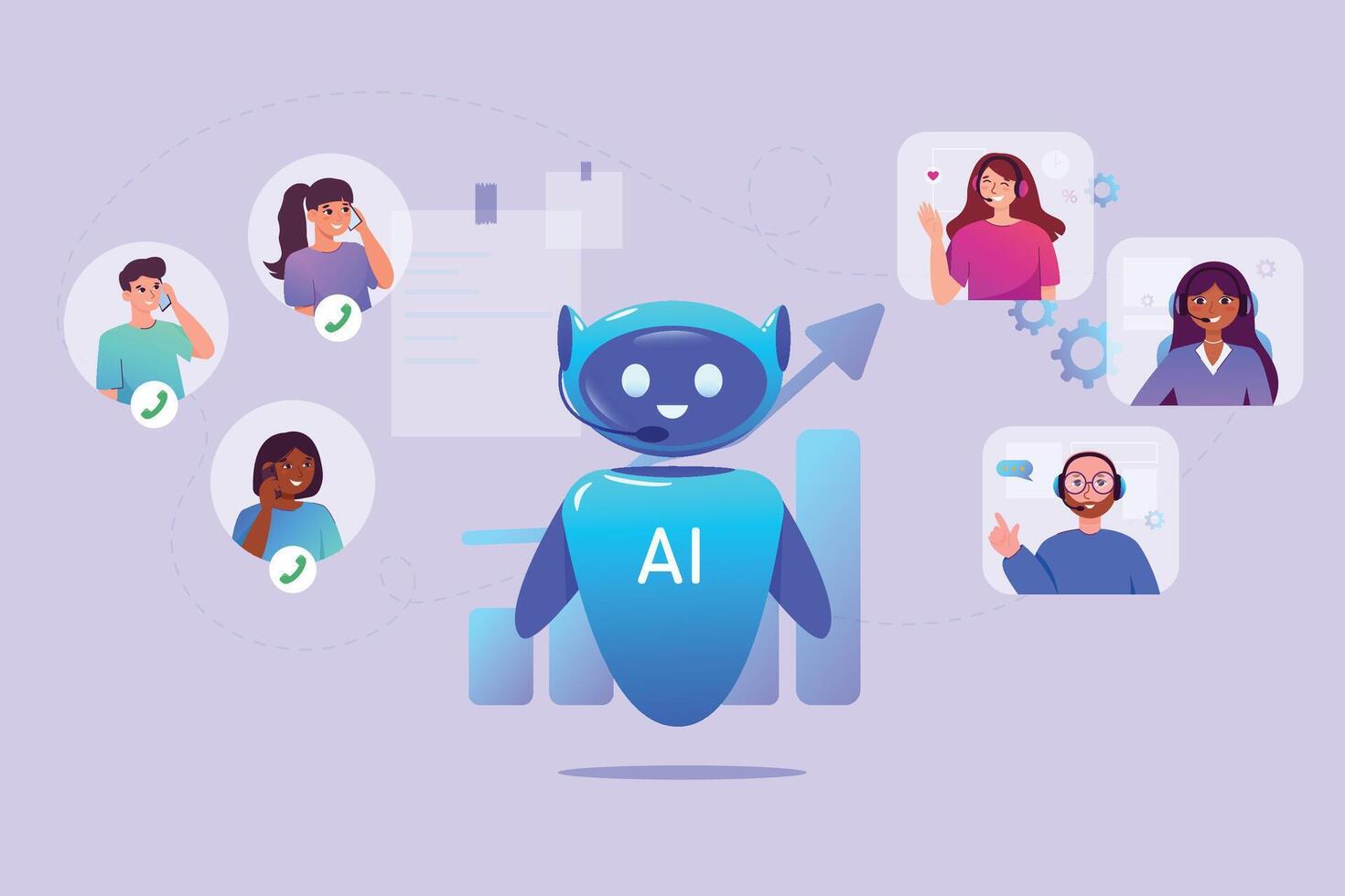 AI in financial management call center online. People are using artificial intelligence to use money efficiently. Online robots with innovative technologies help financiers automate bank payments vector