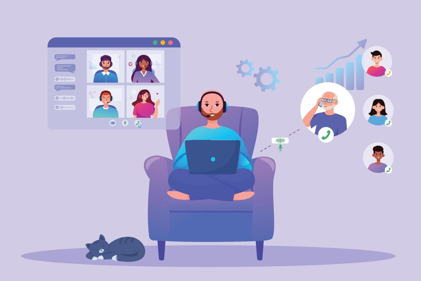 Remote work concept a guy in headphones sits on a chair with a laptop and communicates with clients, a cat sleeps next to him. Customer service flat illustration vector