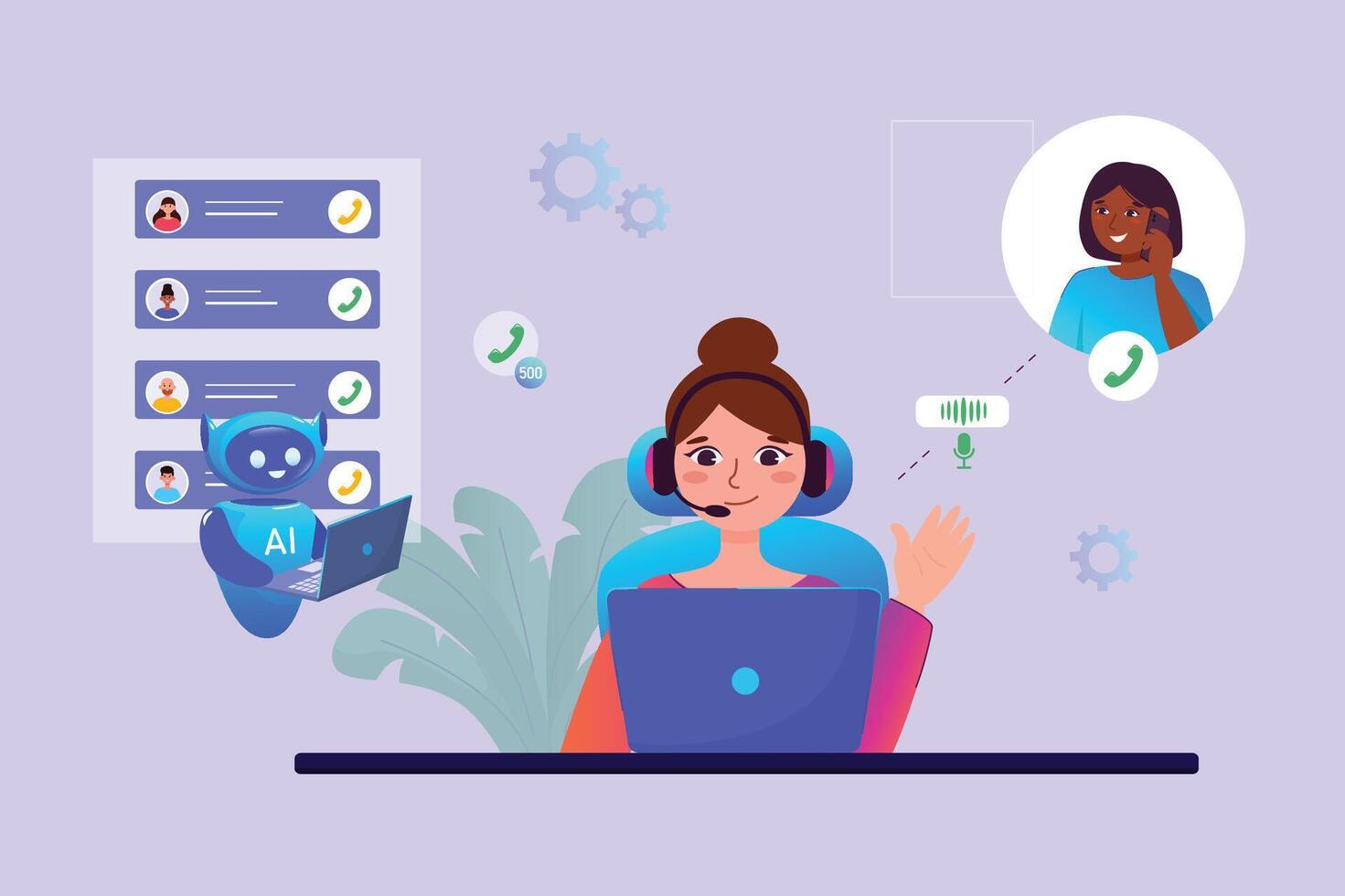 Home work concept. A girl wearing headphones sits at a table and works as an operator, communicates with people, answers calls in a call center using AI vector