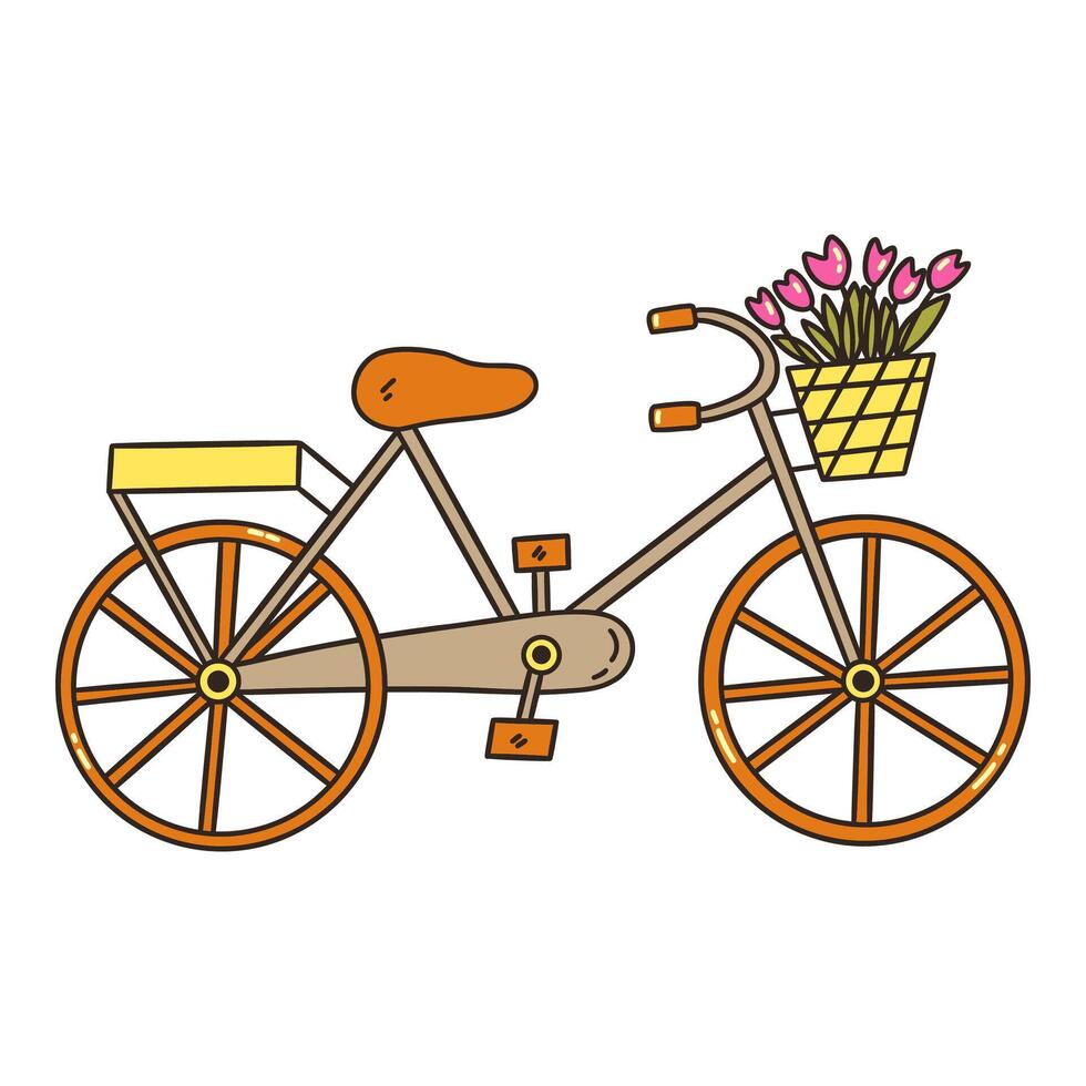 Bicycle with basket of tulips. Spring season. Vector