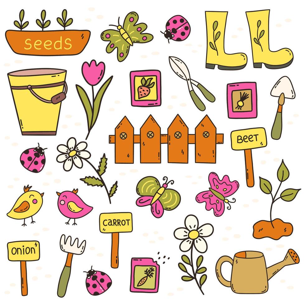 Set of spring elements for vegetable garden. Vector