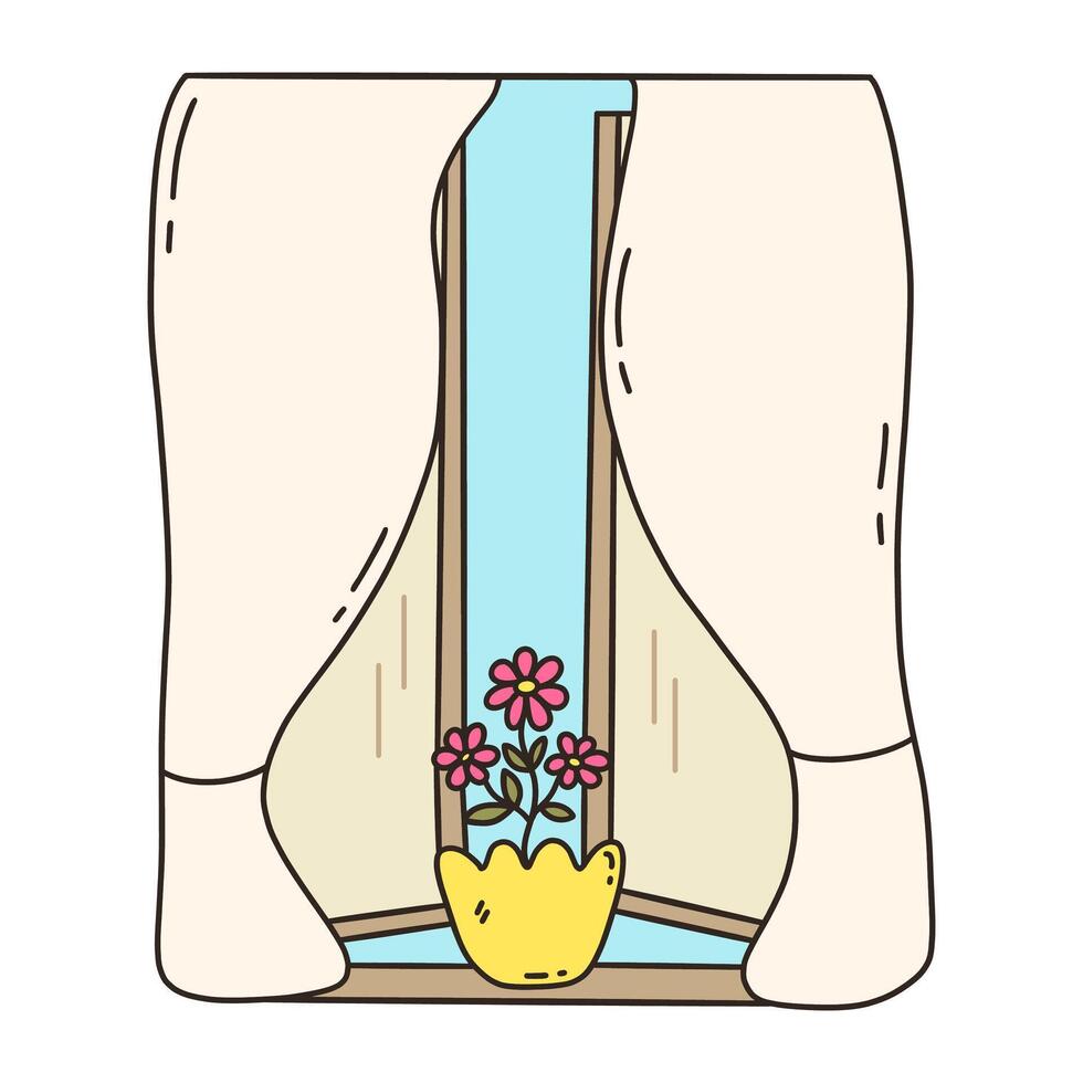 Open window. Pot with flower on windowsill. Vector doodle