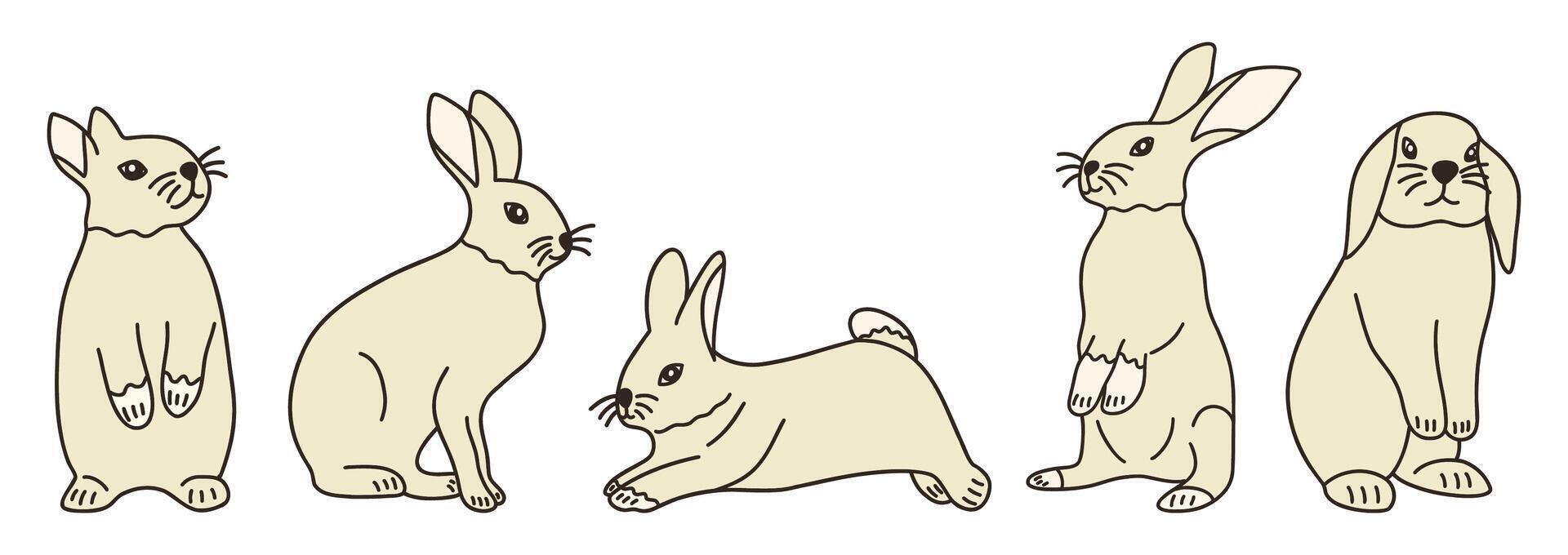 Set of cute gray hares. Vector hand drawn doodle