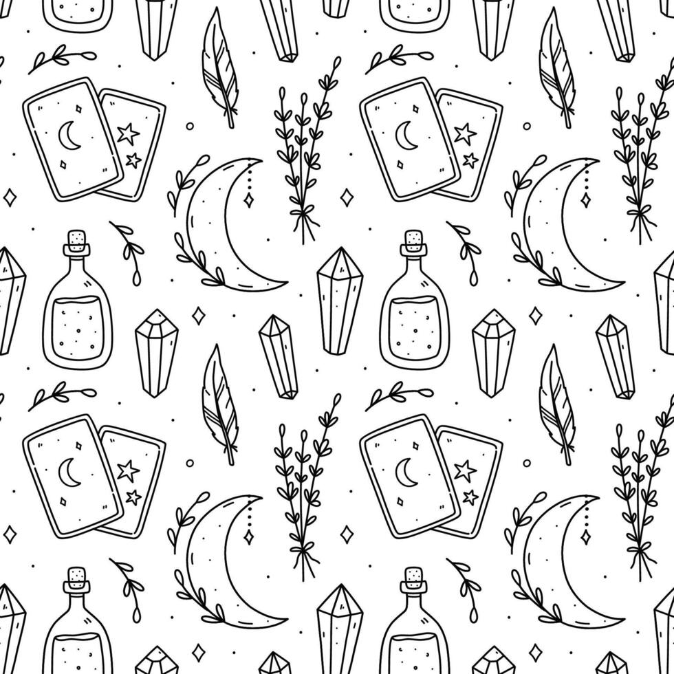 Cute seamless pattern with magic doodles - herbs, crescent moon, gemstones, tarot cards, potion. Vector hand-drawn illustration. Perfect for print, wallpaper, decorations.
