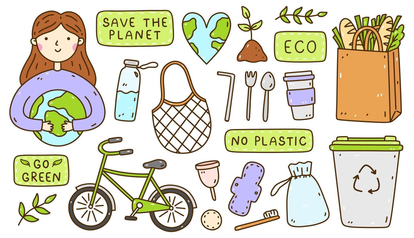 Set of Go green, Save the Planet doodles. A girl holding the Earth in her hands, heart-shaped planet, bicycle,  mesh bag, steel cutlery, reusable items, plant seedling. Zero waste, ecology concept. vector