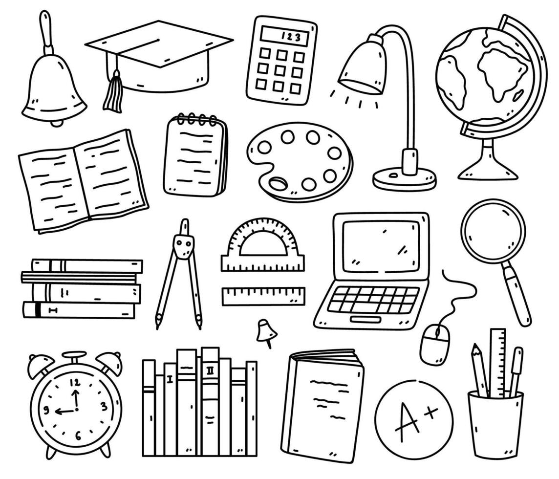 Set of school items - books, copy books, drawing compass, rulers, graduation hat, calculator, alarm clock, laptop, globe, magnifying glass, pins. Vector hand-drawn illustration in doodle style.