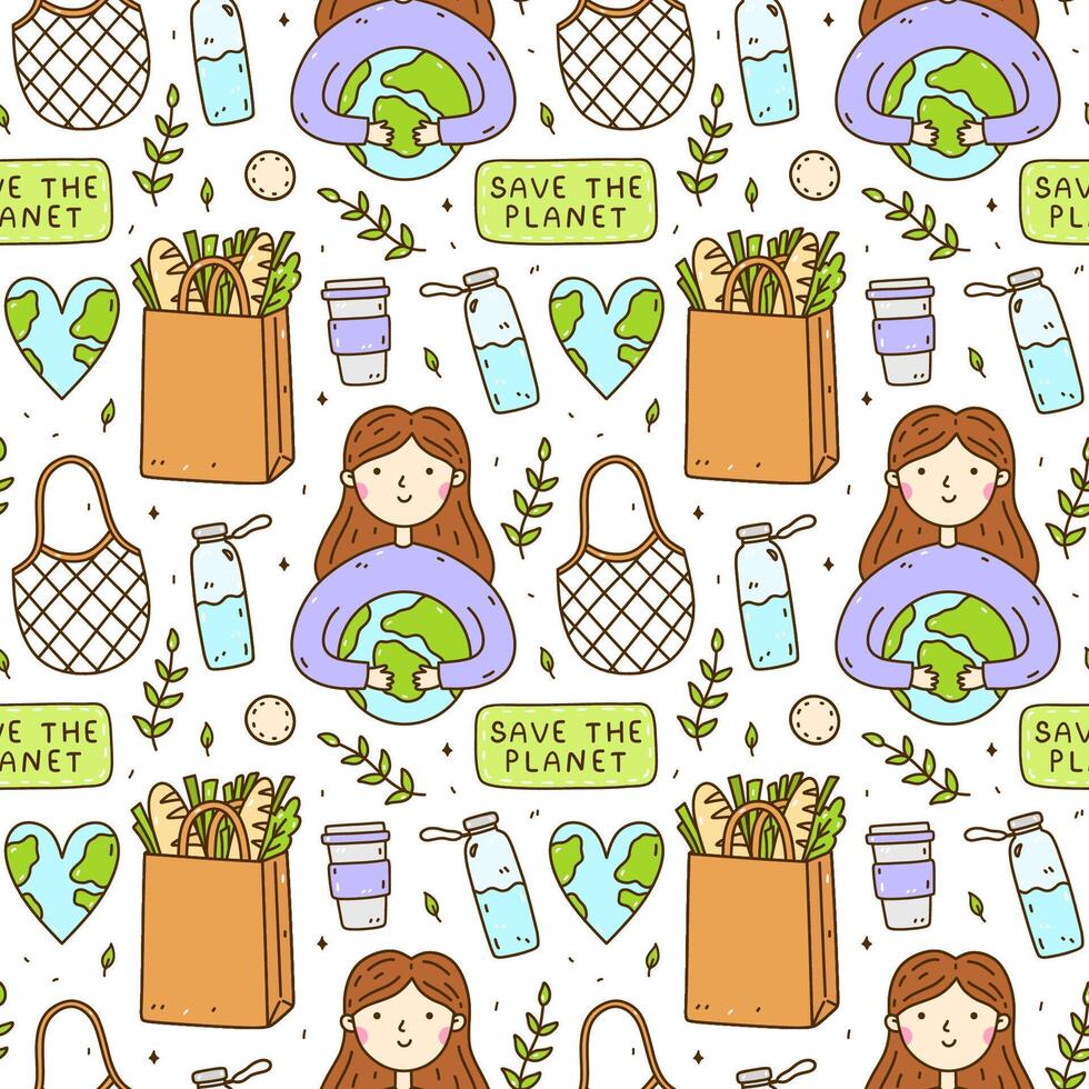 Cute seamless pattern with recycle and reusable products - glass water bottle, mesh bag, cotton pads. A girl holding the Earth in her hands, heart-shaped planet. Zero waste, Go green, Save the planet. vector