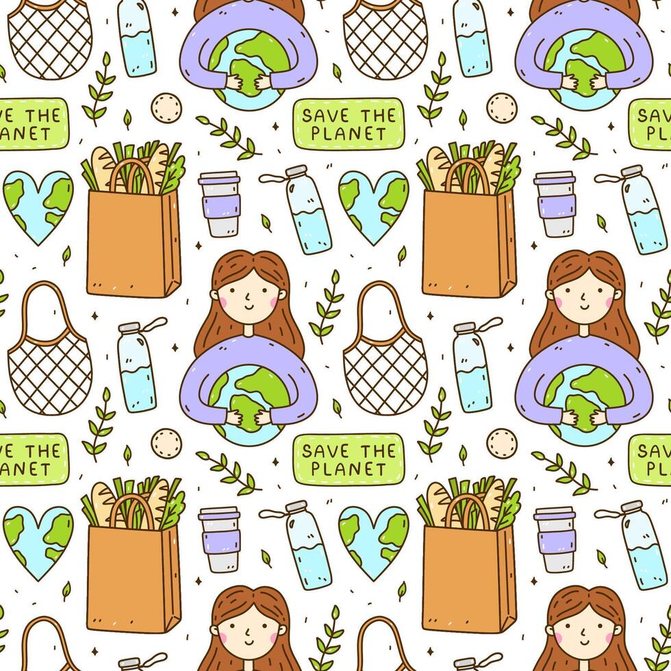 linda sin costura modelo con reciclar y reutilizable productos - vaso agua botella, malla bolsa, algodón almohadillas un niña participación el tierra en su manos, en forma de corazon planeta. cero desperdiciar, Vamos verde, salvar el planeta. vector