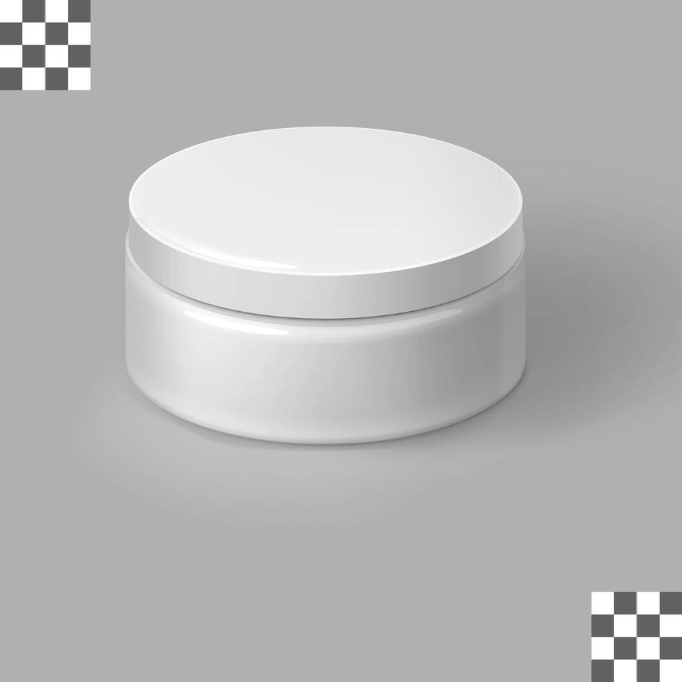 Round short plastic cosmetic jar for cream, butter, scrub, gel, powder, wax. Realistic packaging mock up template vector