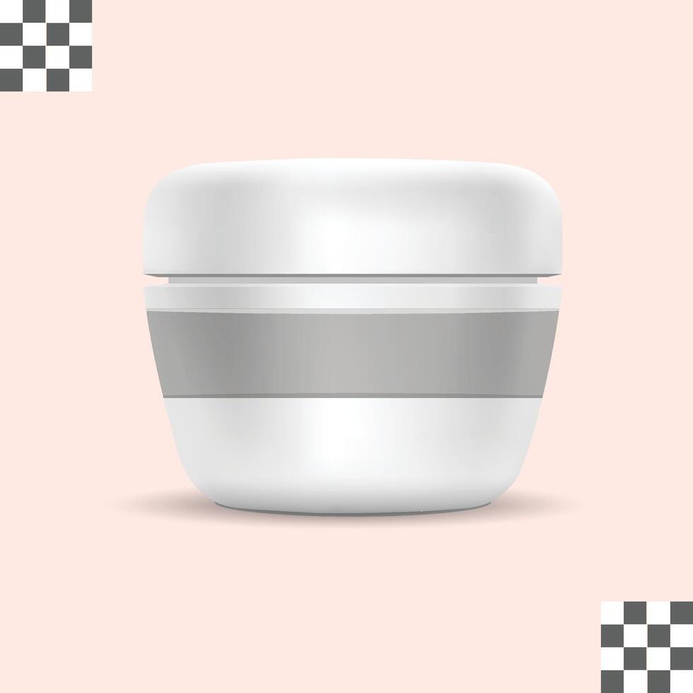 Round short plastic cosmetic jar for cream, butter, scrub, gel, powder, wax. Realistic packaging mock up template vector