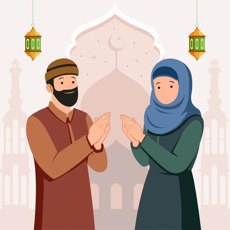 Eid Mubarak Greeting Card Cartoon Muslim Celebrating Eid Al Fitr with Mosque as Background Vector Illustration.