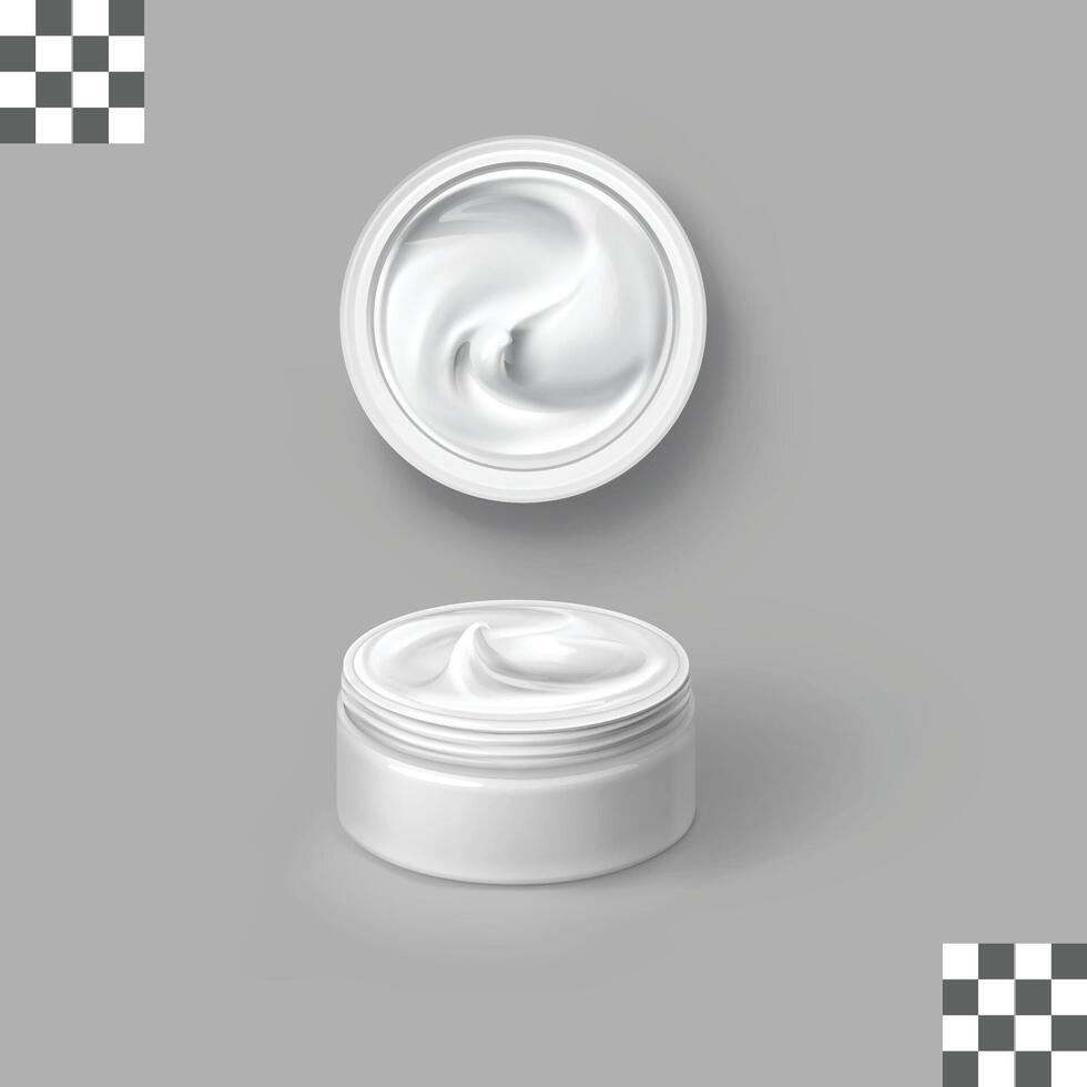 redondo corto el plastico cosmético tarro para crema, manteca, fregar, gel, polvo, cera. realista embalaje burlarse de arriba modelo vector