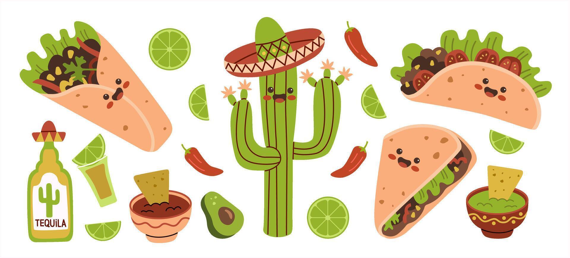 mexicano comida gracioso caracteres colocar. mexico cocina linda contento cara emoticones mascota recopilación. sonriente burrito, tacos vector