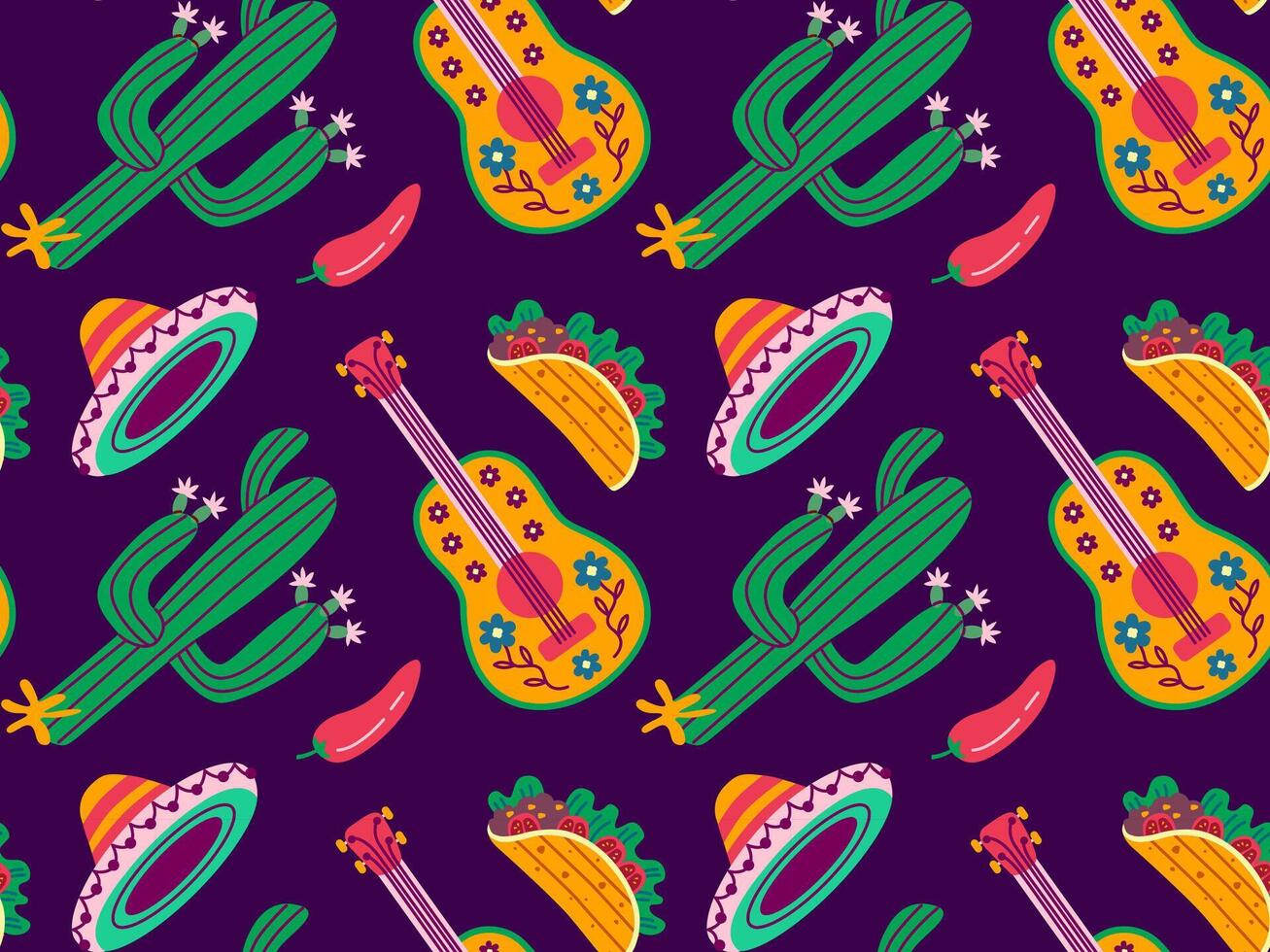 cinco Delaware mayonesa sin costura patrón, mayo 5, federal fiesta en México. símbolos de mexicano cultura en un Violeta antecedentes. vector