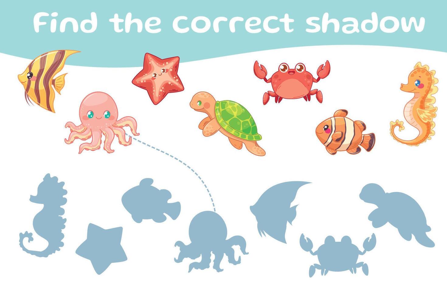 Kids educational games on sea animals theme. Game find the right shadow, connect animal silhouettes. Vector for children