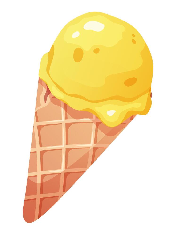 Lemon ice cream ball in waffle cone on white background. Vector illustration