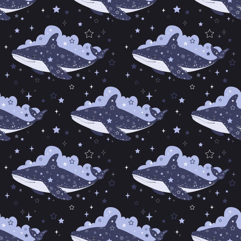 Seamless pattern with stars, clouds and celestial blue whale, dream with whale. Vector illustration for children, patterns, textiles, fabrics