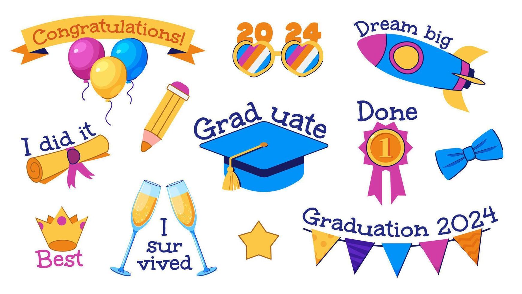 Set of funny graduation stickers. Templates with captions, props for graduation photos, graduation party. Vector illustration in flat style