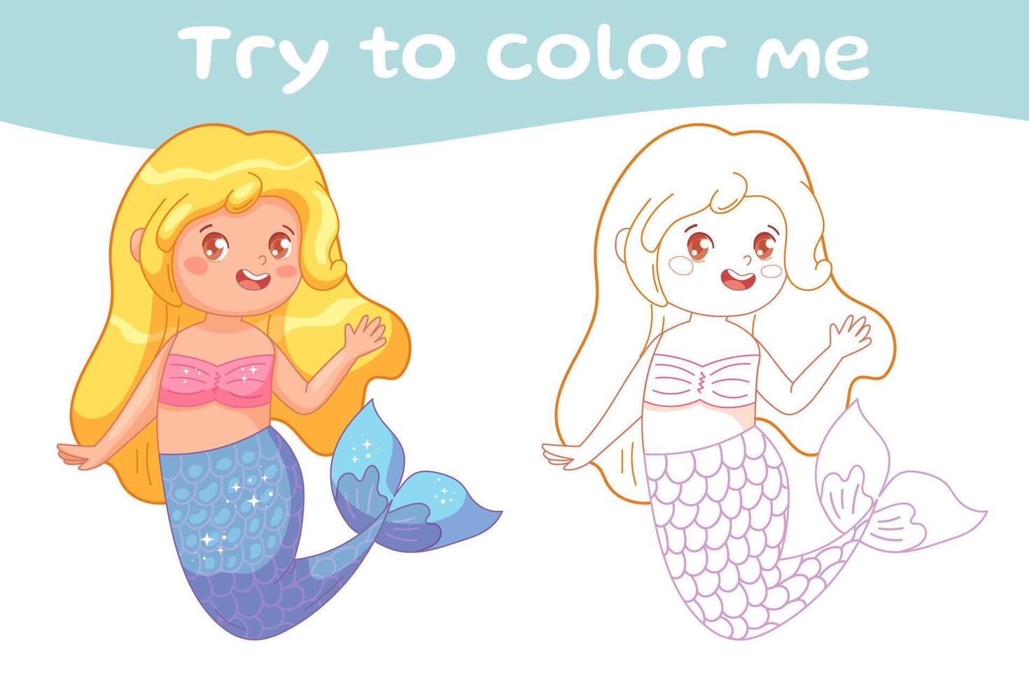 Coloring book with color cues. Cute mermaid with yellow hair and blue tail in color and outline. Vector game for kids