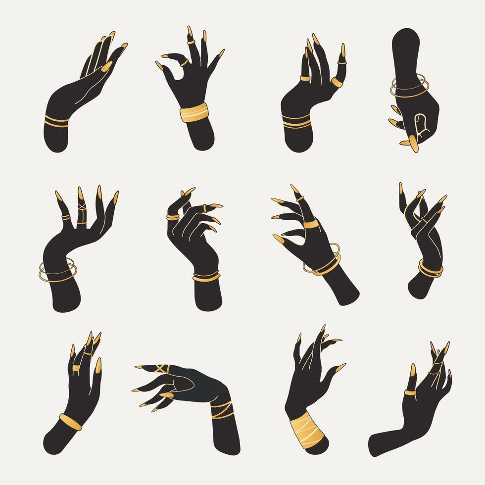 Set of black witch hands with long golden nails, rings and bracelets in various angles. Vector illustration of witchcraft, witches, esotericism, fortune telling