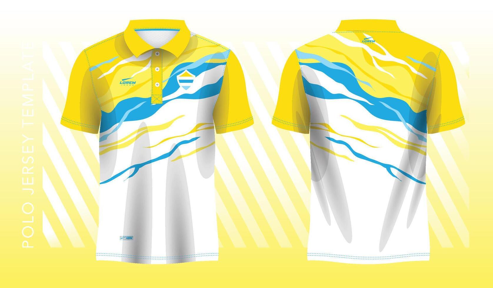 Deportes polo camiseta jersey diseño, azul amd amarillo Deportes jersey con frente y espalda ver modelo vector