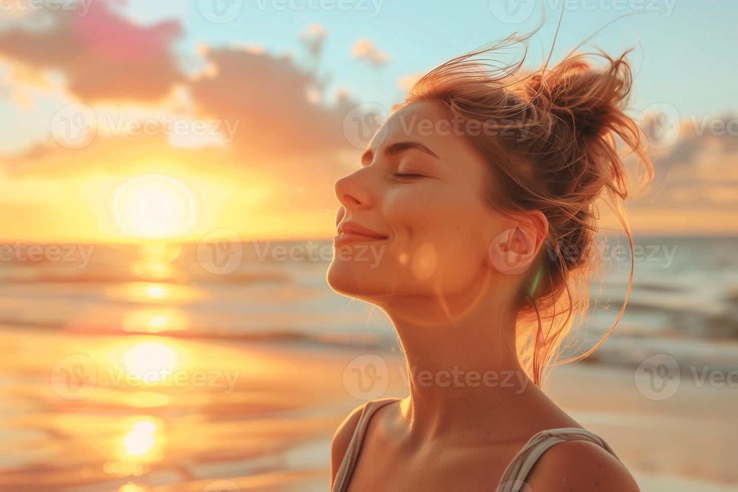 AI generated a woman is smiling and looking up at the sun photo